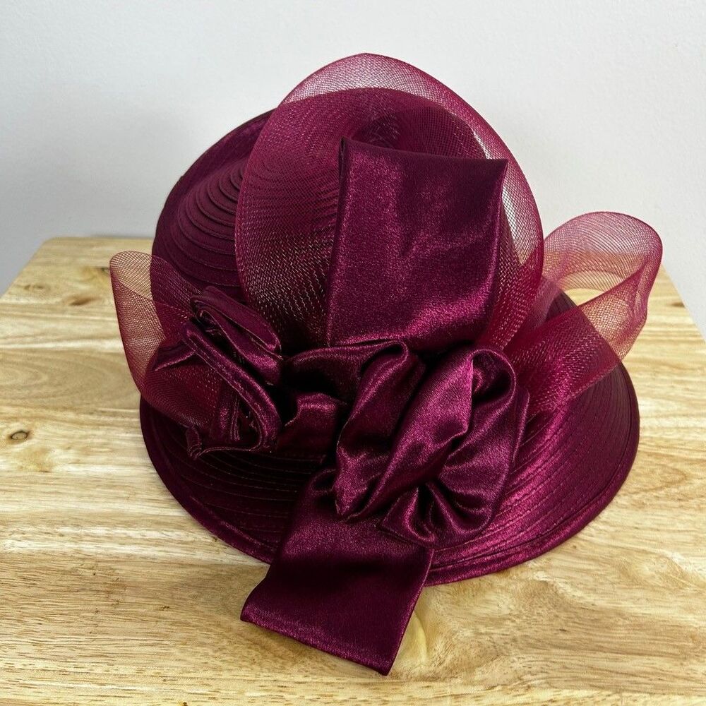 Vintage Style Burgundy Church Hat Women Kentucky Derby Satin Bow Mesh Brim - Picture 2 of 8